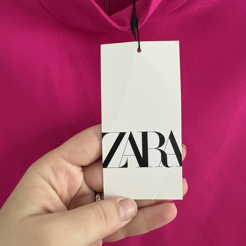 ZARA Shoulder Padded Cape Dress Neon Fuchsia Mock Neck Sleeveless Mini Women's S - Picture 4 of 10